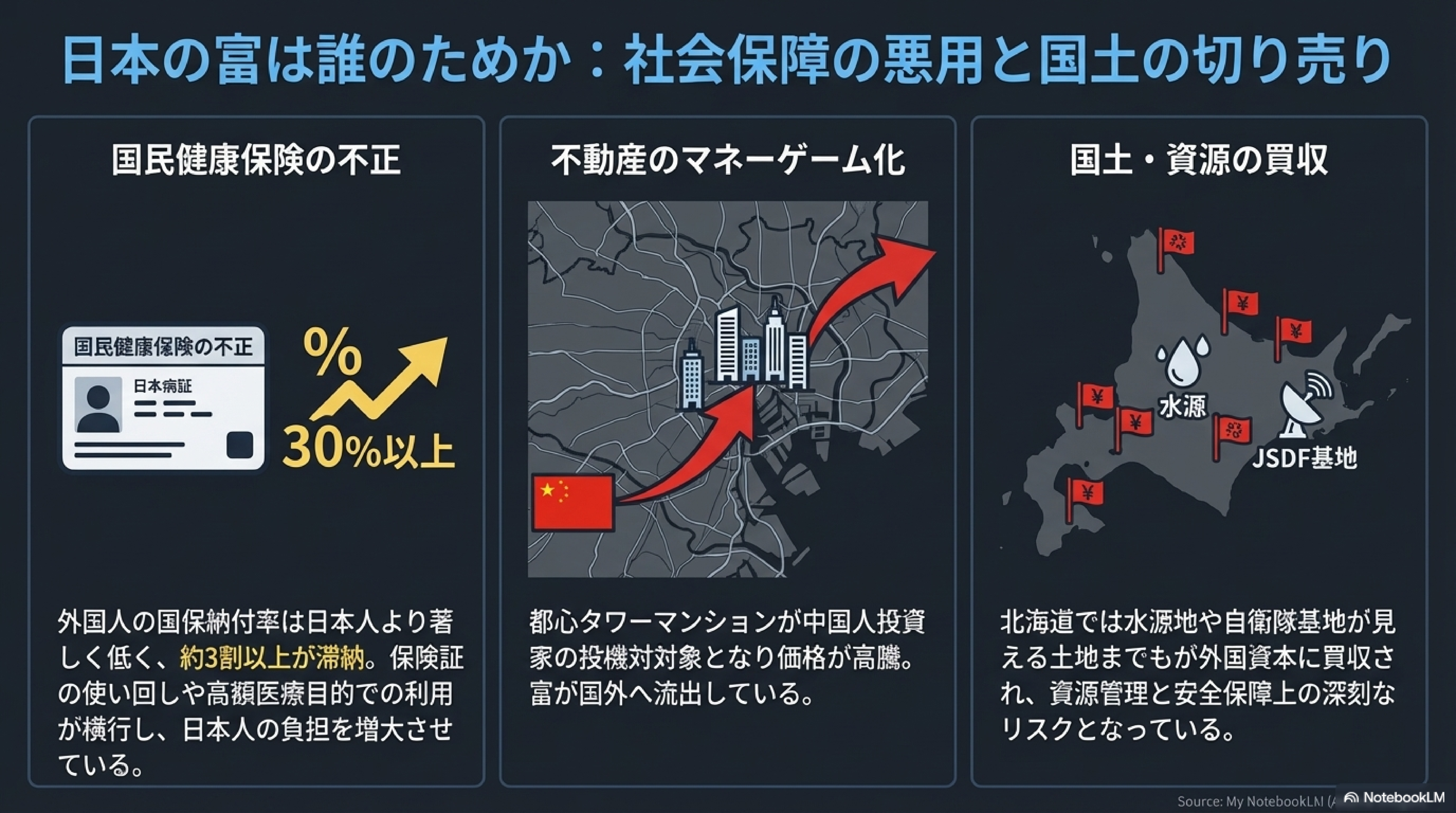 日本の富の流出：社会保障の悪用と国土の切り売り